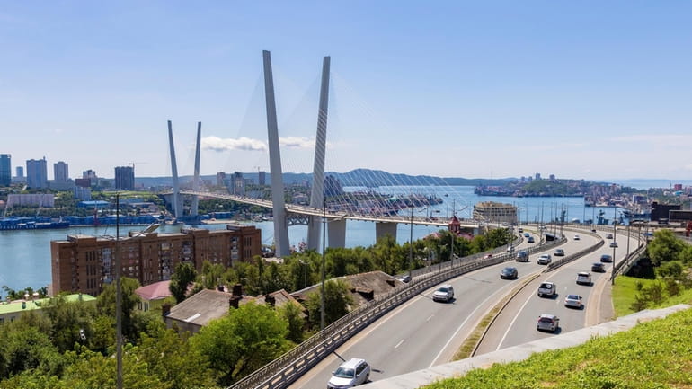 A view of the bridge connecting the Russky Island and...