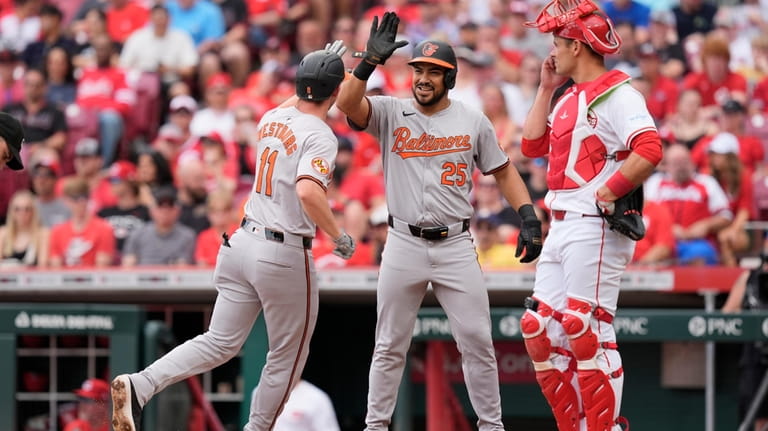 Baltimore Orioles' Jordan Westburg (11) celebrates hitting a two-run homer...