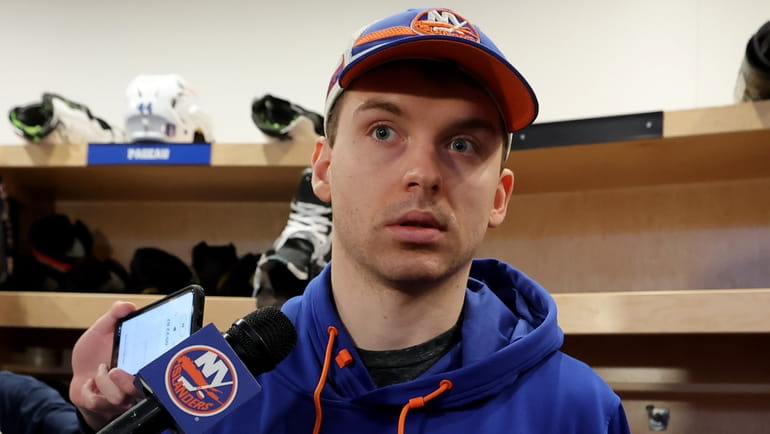 New York Islanders goaltender Ilya Sorokin speaks to the media...