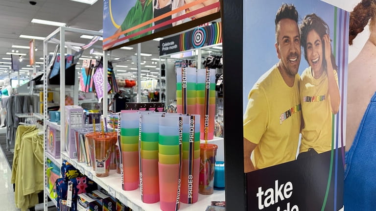 Pride month merchandise is displayed at a Target store, May...