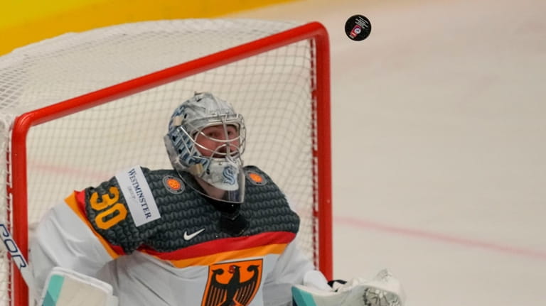 Germany's goalkeeper Philipp Grubauer makes a save during the preliminary...