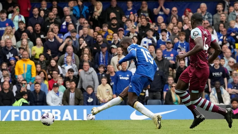 Chelsea's Nicolas Jackson scores his side's fifth goal during the...