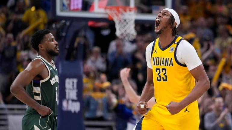 Indiana Pacers' Myles Turner reacts during the second half of...