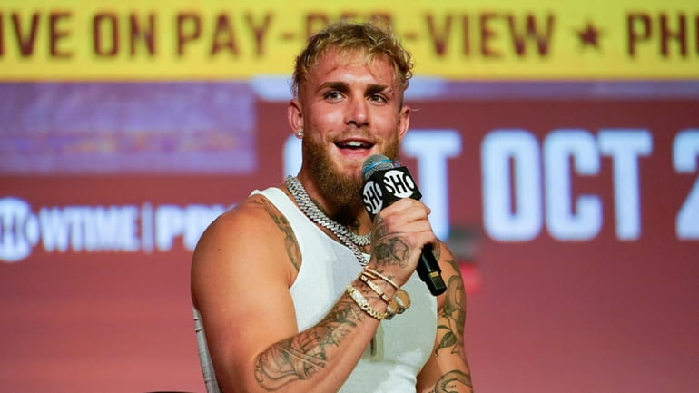 Jake Paul speaks during a news conference Monday, Sept. 12,...