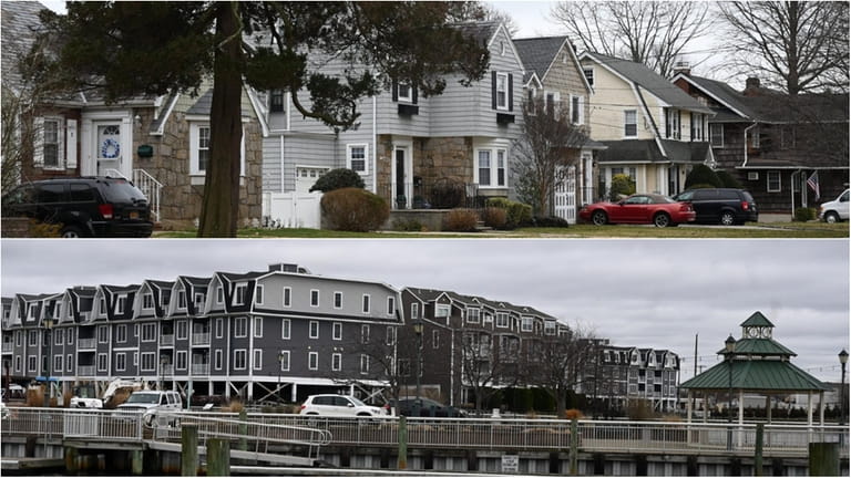 Single-family homes along Denton Avenue, top, and Marina Pointe's waterfront...