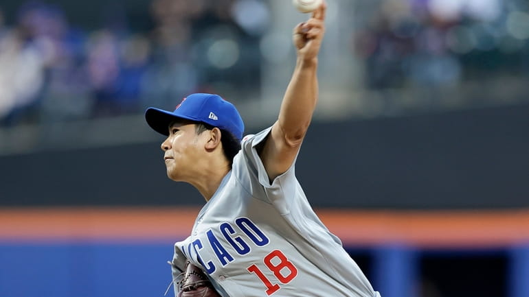 Shota Imanaga #18 of the Chicago Cubs pitches during the...