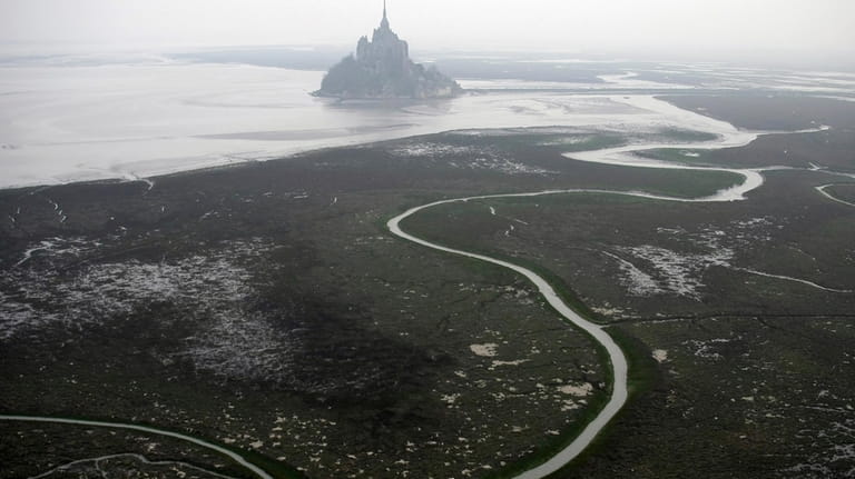 An aerial view of Mont Saint Michel, Normandy, France, March...