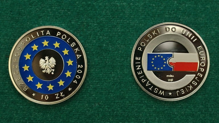 A multicolor 10 Polish Zloty coin marking Poland entering the...