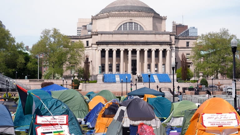 Student protesters camp on the campus of Columbia University, Tuesday,...