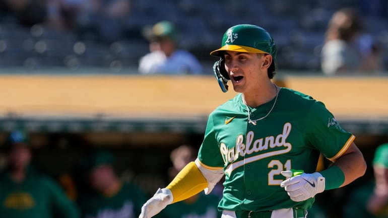 Oakland Athletics' Tyler Soderstrom celebrates after hitting a two-run home...