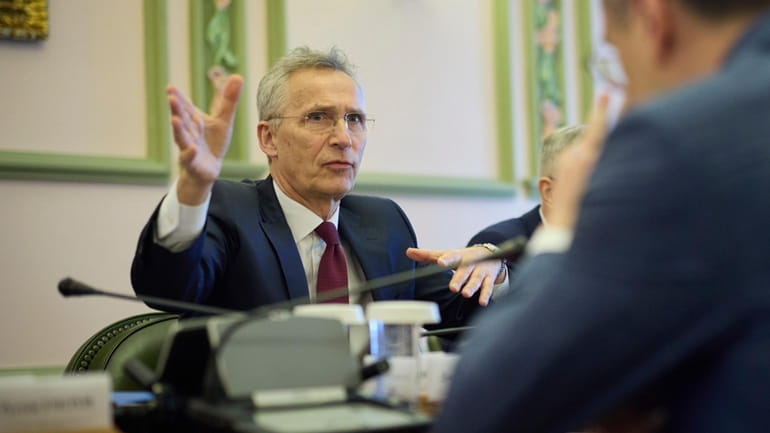 NATO Secretary General Jens Stoltenberg talks during his meeting with...