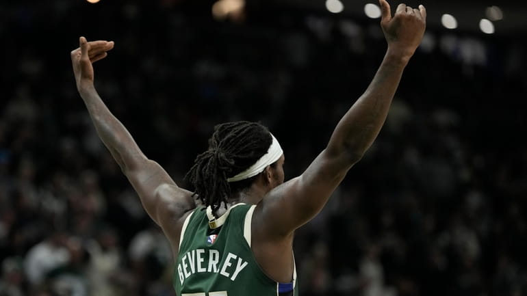 Milwaukee Bucks' Patrick Beverley reacts during the second half of...