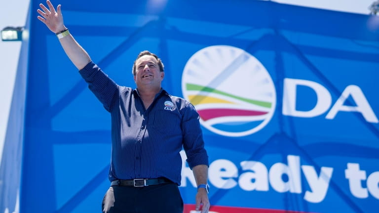 File - Opposition Democratic Alliance party leader John Steenhuisen waves...