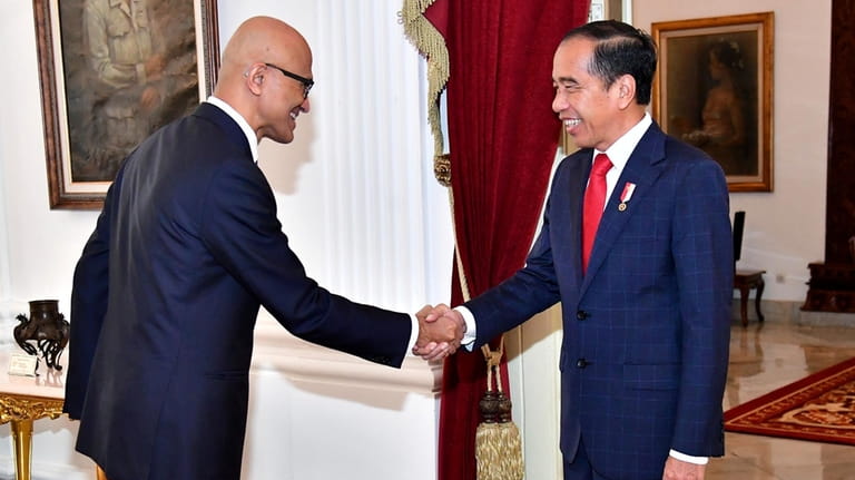 In this photo released by Indonesian Presidential Palace, Microsoft CEO...