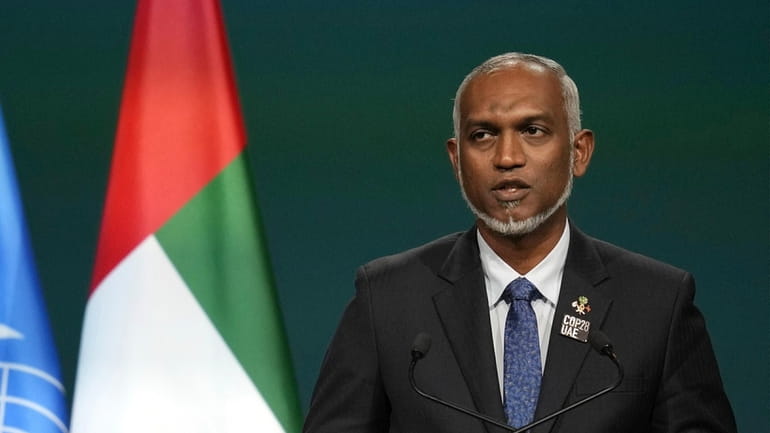 Maldives President Mohamed Muizzu speaks during a plenary session at...