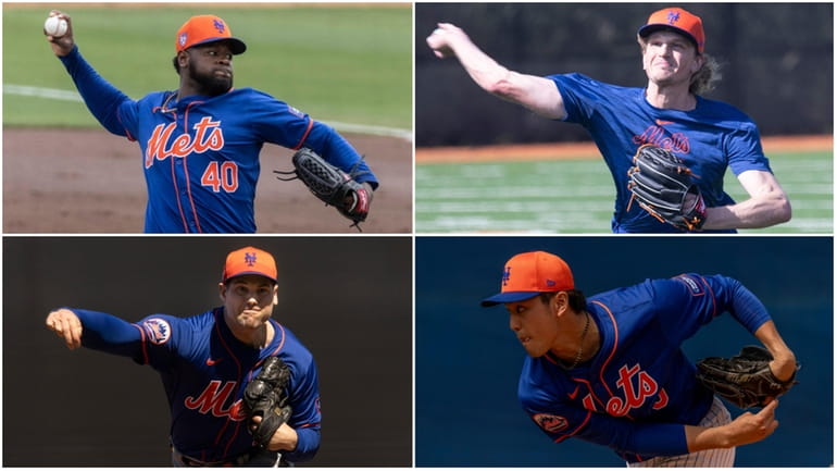Clockwise, from top left: Mets pitchers Luis Severino, Phil Bickford,...