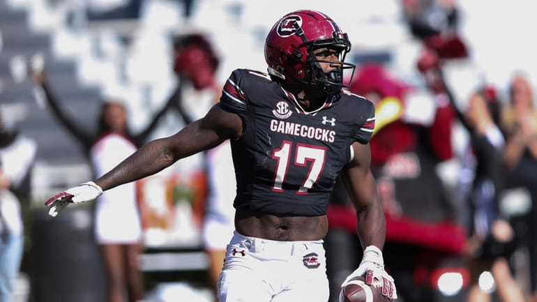 South Carolina wide receiver Xavier Legette (17) looks for his...