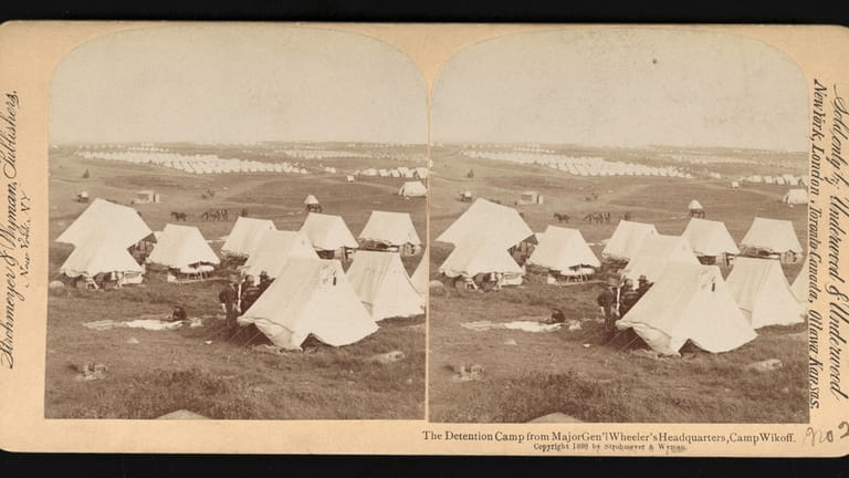 A stereoscopic image of Camp Wikoff, which held quarantined U.S....