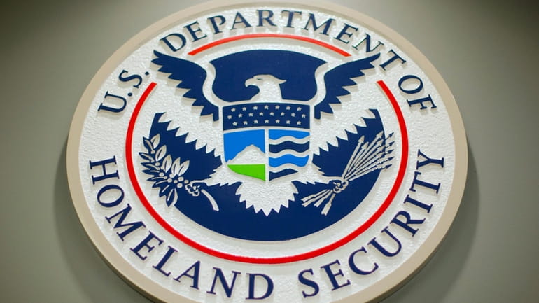 The Department of Homeland Security logo is seen during a...
