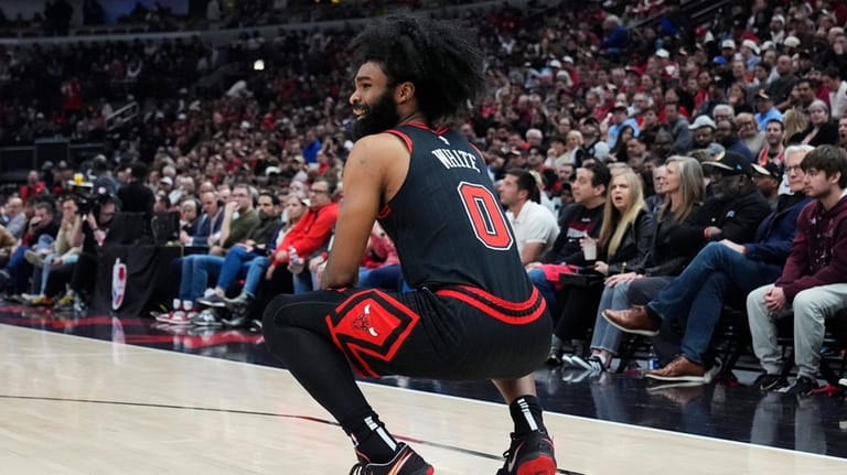 Chicago Bulls guard Coby White reacts to a call during...