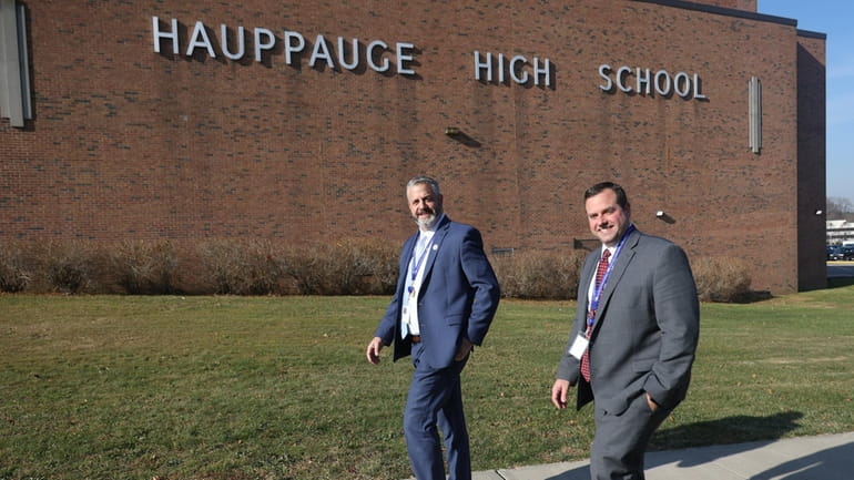 Superintendent Don Murphy, left, and Assistant Superintendent Timothy McCarthy outside Hauppauge...