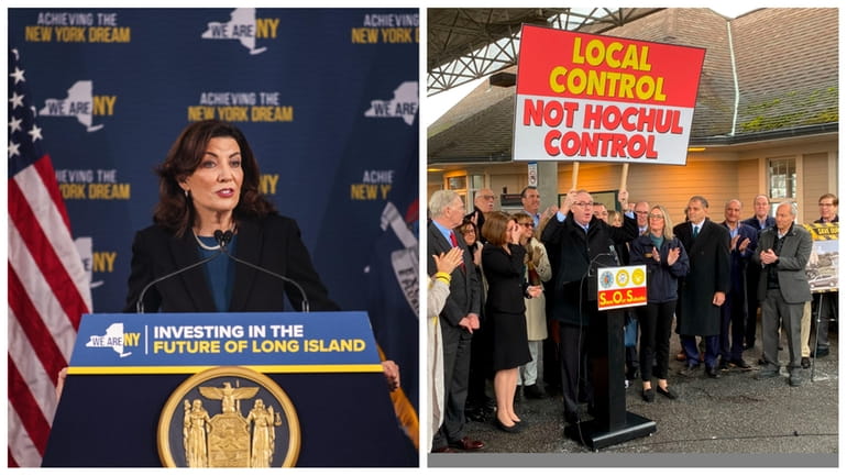 Left, Gov. Kathy Hochul speaks about her New York Housing...
