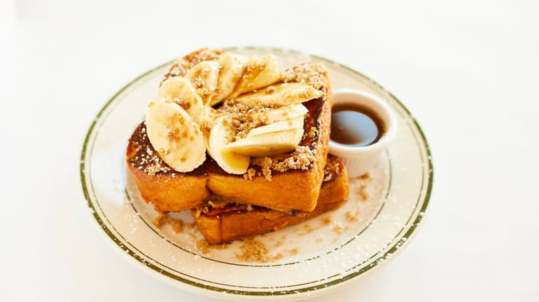 Brioche french toast with banana, brown sugar, and maple syrup...