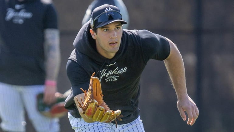 The Yankees’ Spencer Jones takes part in outfield drills during spring...