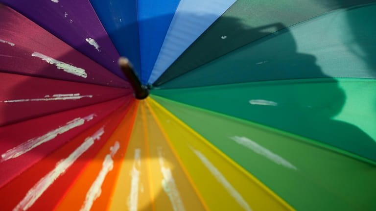 A demonstrator casts a shadow on a rainbow colored umbrella...
