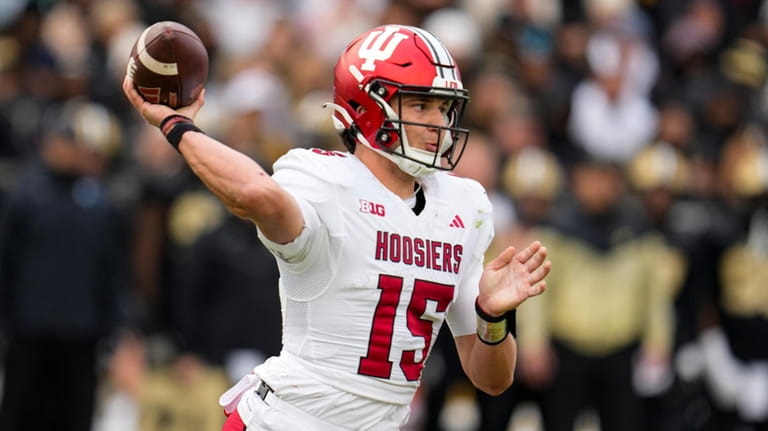 Indiana quarterback Brendan Sorsby (15) throws against Purdue during the...