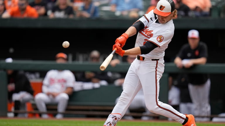Baltimore Orioles' Gunnar Henderson hits a home run during the...