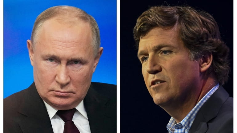 Russian President Vladimir Putin, left, and Tucker Carlson.