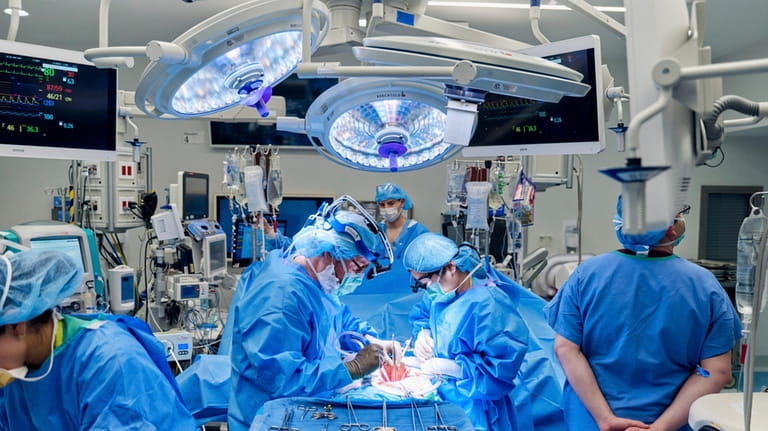 In this photo provided by NYU Langone Health, surgeons operate...