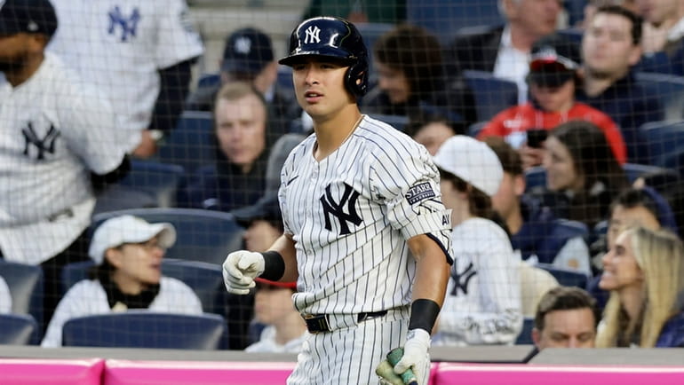 Anthony Volpe #11 of the Yankees prepares to bat during...