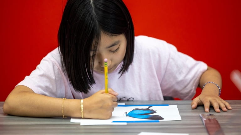 Elina Choi, 10, draws during an art class at One...