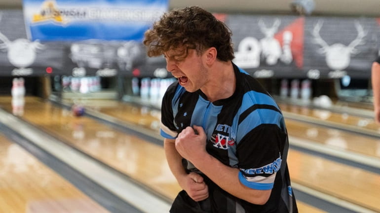 Anthony Manetta of Comsewogue reacts during the NYSPHSAA bowling championships at...