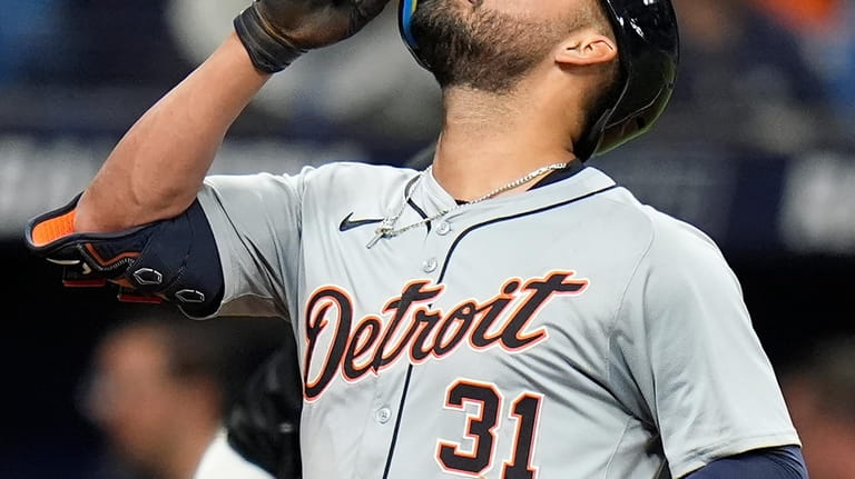 Detroit Tigers' Riley Greene celebrates his home run off Tampa...