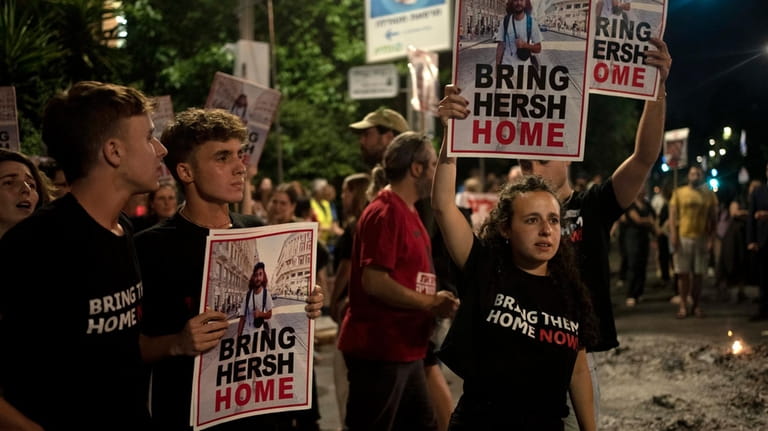 Supporters of Israeli-American hostage Hersh Goldberg-Polin, who was kidnapped on...