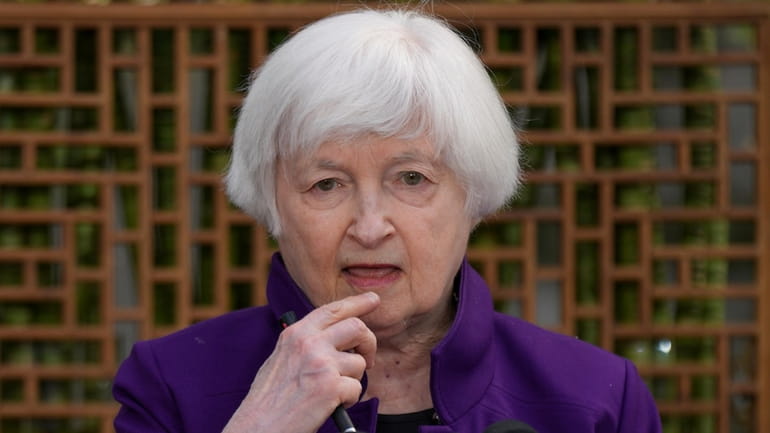 U.S. Treasury Secretary Janet Yellen attends a press conference in...
