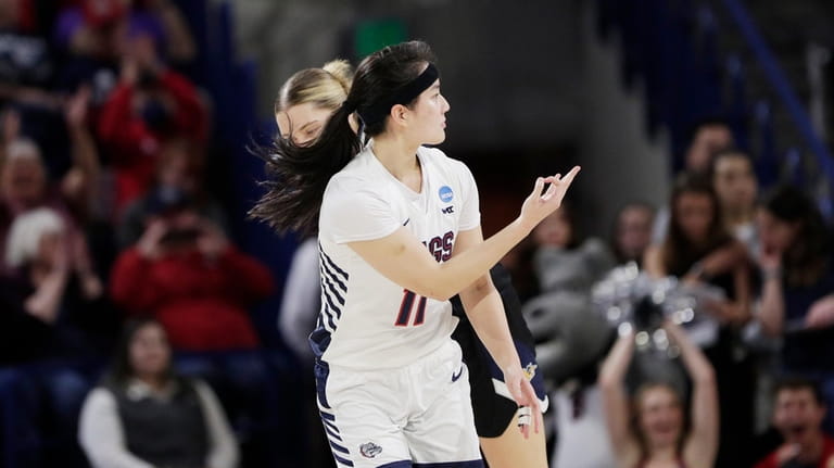 Gonzaga guard Kayleigh Truong (11) gestures after scoring against UC...