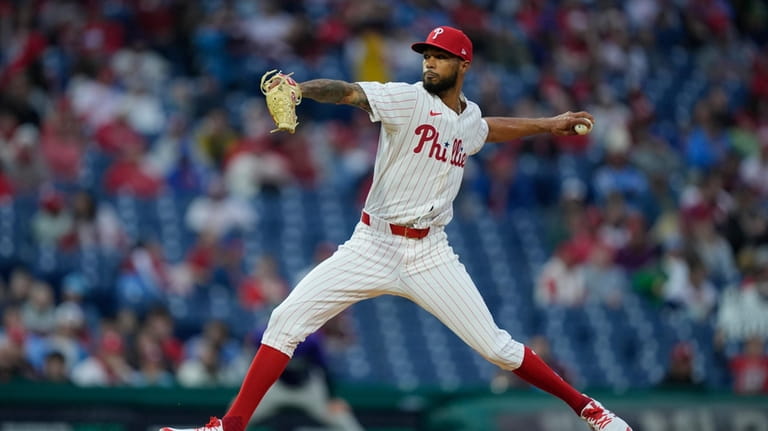 Philadelphia Phillies' Cristopher Sánchez pitches during the third inning of...