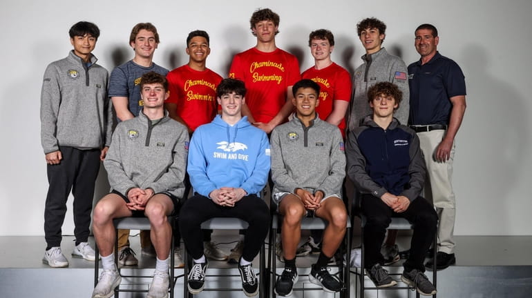 Newsday's 2023 All-Long Island boys swimming team. Front row, from...