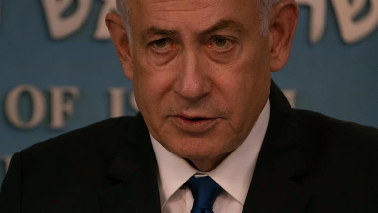 Israeli Prime Minister Benjamin Netanyahu delivers his speech after a...