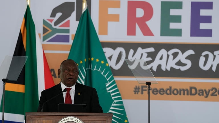 South African President Cyril President delivers a speech as he...