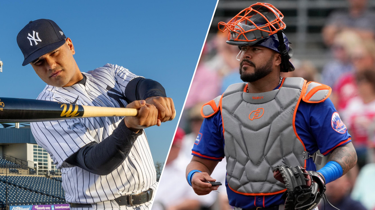 The Yankees' Carlos Narvaez, left, and the Mets' Omar Narvaez.