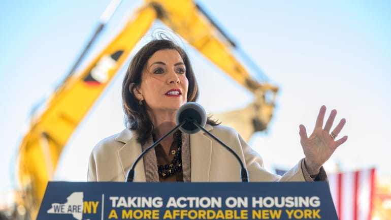 Gov. Kathy Hochul, seen announcing a housing program for Brooklyn...