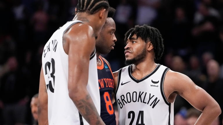 Brooklyn Nets guard Cam Thomas (24) argues with New York...