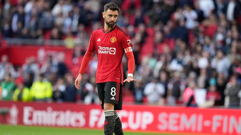 Manchester United's Bruno Fernandes reacts during a penalty shootout at...