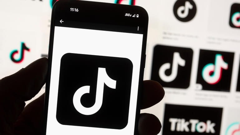 The TikTok logo is seen on a mobile phone in...
