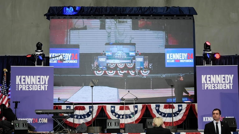 A stage is set at a campaign event for presidential...